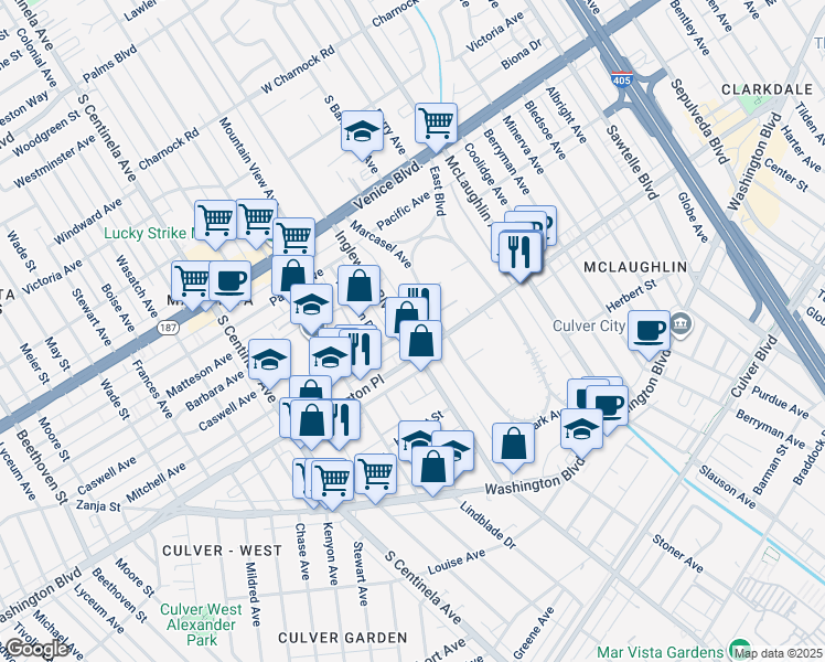 map of restaurants, bars, coffee shops, grocery stores, and more near in Los Angeles
