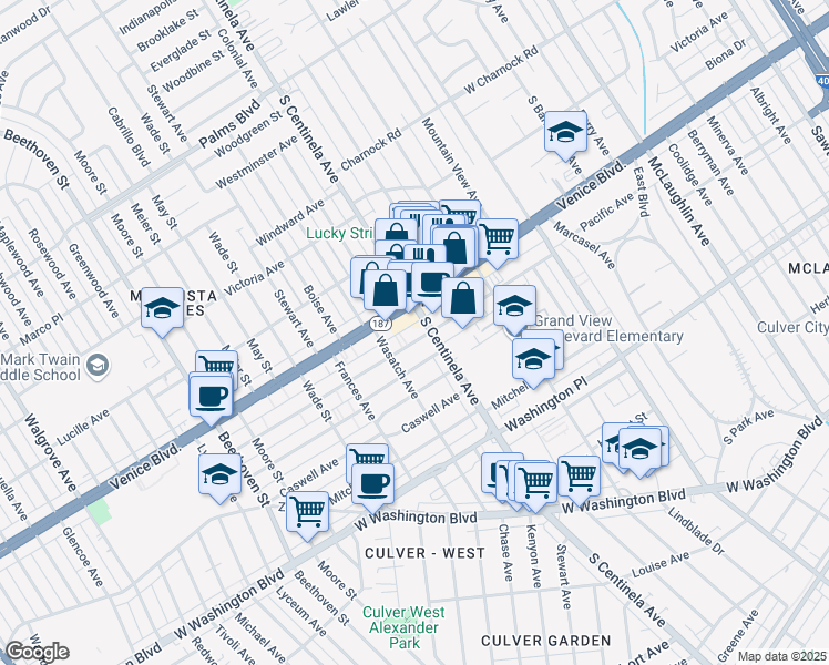 map of restaurants, bars, coffee shops, grocery stores, and more near 12444 Pacific Avenue in Los Angeles