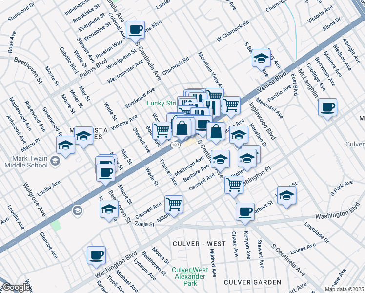 map of restaurants, bars, coffee shops, grocery stores, and more near 12444 Pacific Avenue in Los Angeles