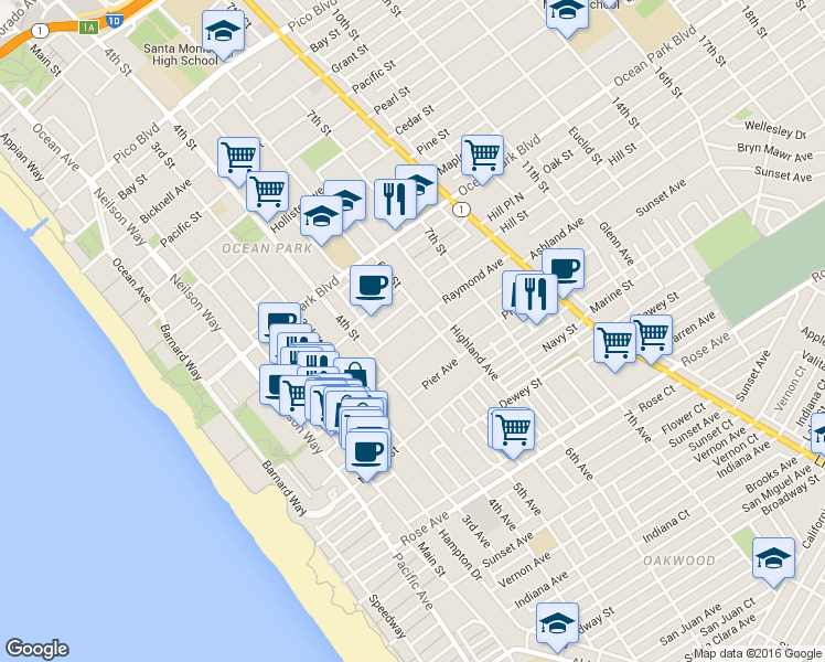 map of restaurants, bars, coffee shops, grocery stores, and more near 504 Ashland Avenue in Santa Monica