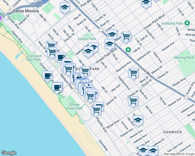 map of restaurants, bars, coffee shops, grocery stores, and more near 2704 Hill Street in Santa Monica