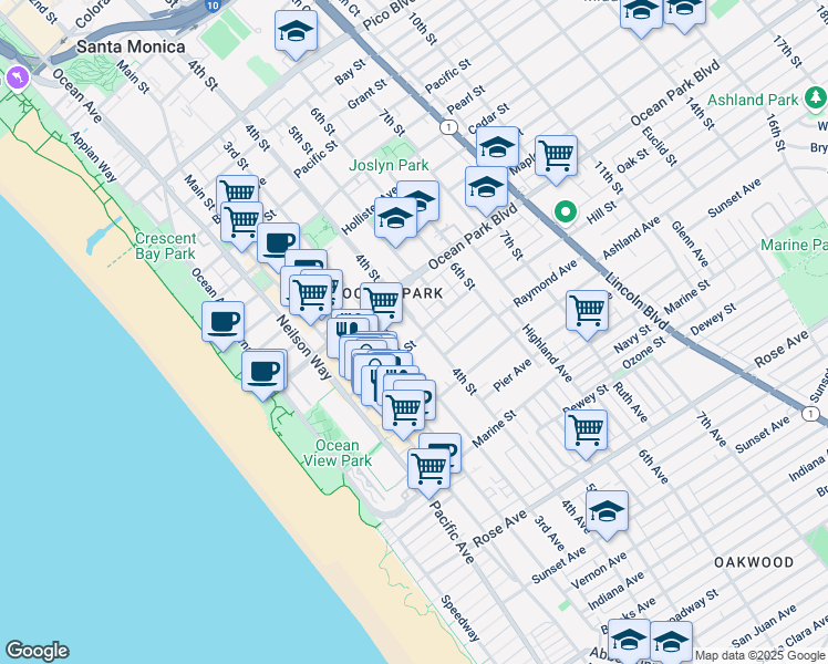 map of restaurants, bars, coffee shops, grocery stores, and more near 2704 Hill Street in Santa Monica