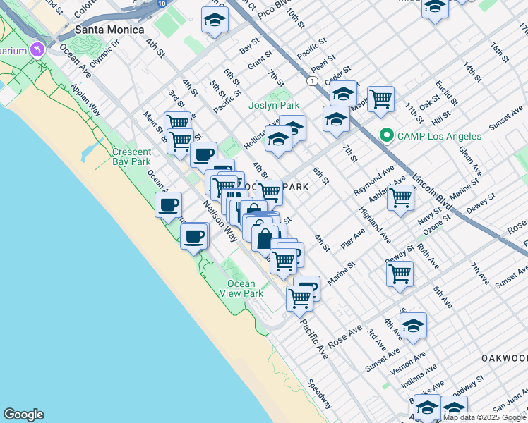 map of restaurants, bars, coffee shops, grocery stores, and more near 2621 2nd Street in Santa Monica