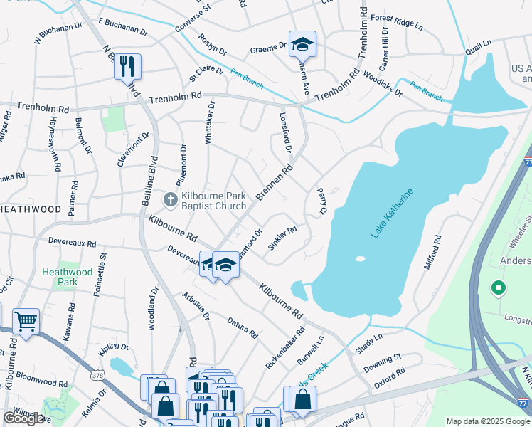 map of restaurants, bars, coffee shops, grocery stores, and more near 1325 Sanford Drive in Columbia