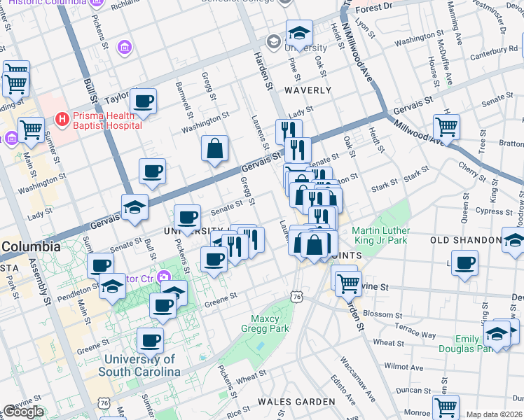 map of restaurants, bars, coffee shops, grocery stores, and more near in Columbia