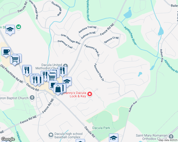 map of restaurants, bars, coffee shops, grocery stores, and more near 247 Oaklawn Park in Dacula