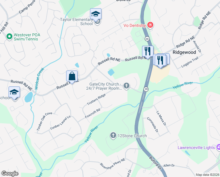 map of restaurants, bars, coffee shops, grocery stores, and more near 443 Trotters Ridge in Lawrenceville