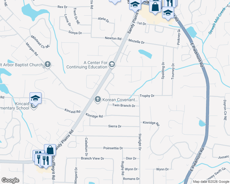 map of restaurants, bars, coffee shops, grocery stores, and more near 2062 Arrowhead Trail in Marietta