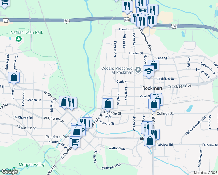 map of restaurants, bars, coffee shops, grocery stores, and more near 540 North Marble Street in Rockmart