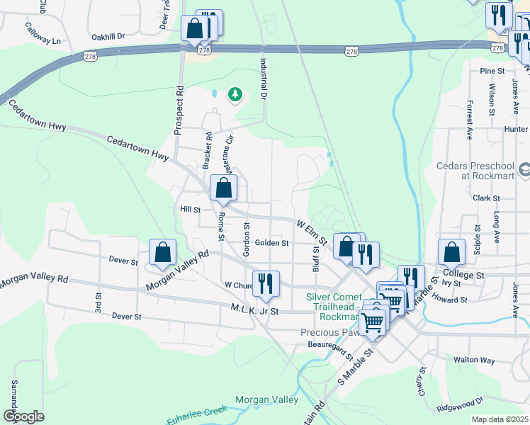 map of restaurants, bars, coffee shops, grocery stores, and more near 702 West Elm Street in Rockmart