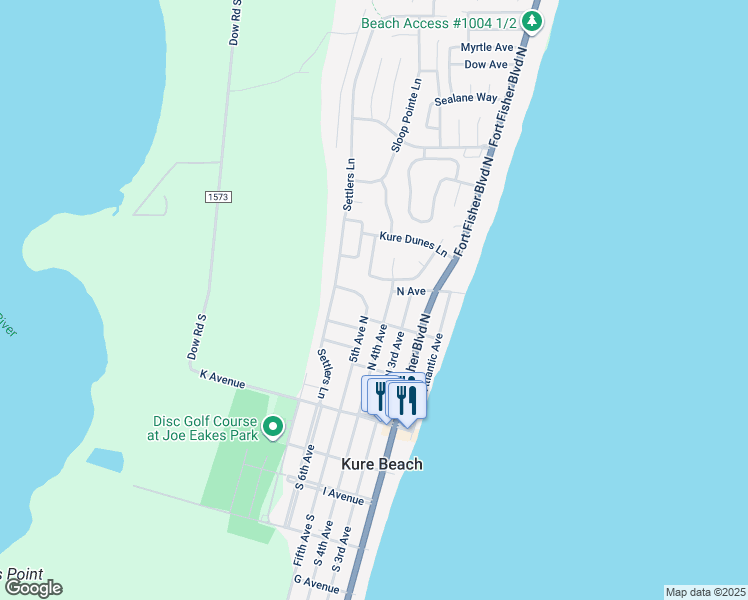map of restaurants, bars, coffee shops, grocery stores, and more near 314 5th Avenue North in Kure Beach