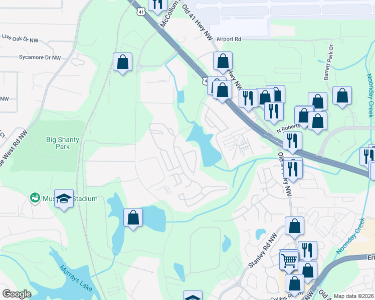 map of restaurants, bars, coffee shops, grocery stores, and more near 1949 Lakeshore Overlook Circle Northwest in Kennesaw
