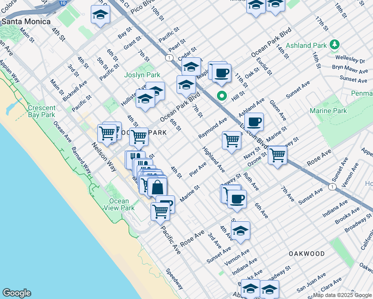 map of restaurants, bars, coffee shops, grocery stores, and more near 504 Ashland Avenue in Santa Monica
