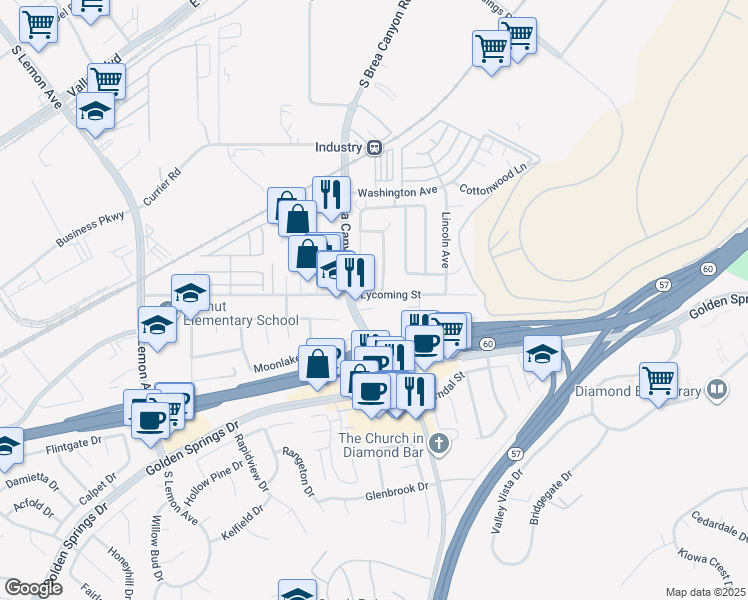 map of restaurants, bars, coffee shops, grocery stores, and more near 21040 Lycoming Street in Walnut