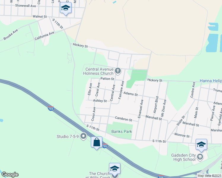 map of restaurants, bars, coffee shops, grocery stores, and more near 1215 Central Avenue in Gadsden