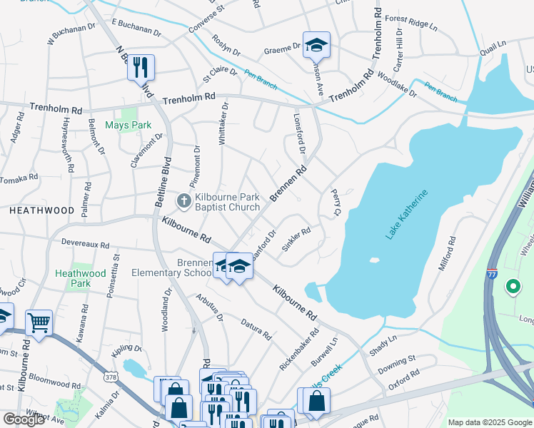 map of restaurants, bars, coffee shops, grocery stores, and more near 1332 Brennen Road in Columbia