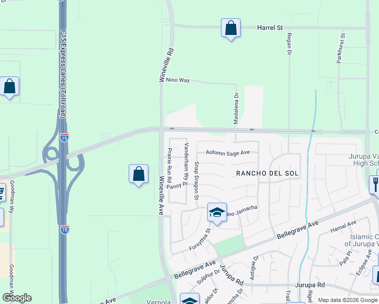 map of restaurants, bars, coffee shops, grocery stores, and more near 4706 Vanderham Way in Eastvale