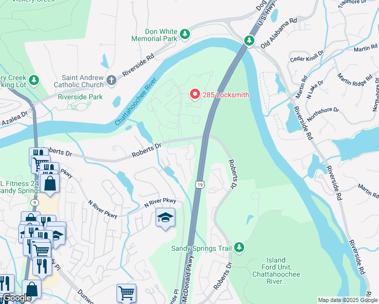 map of restaurants, bars, coffee shops, grocery stores, and more near 9400 Roberts Drive in Atlanta
