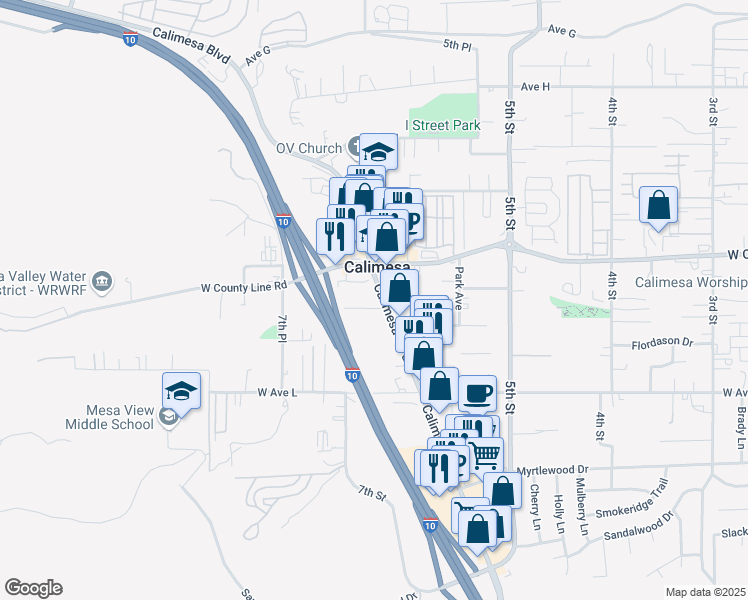 map of restaurants, bars, coffee shops, grocery stores, and more near 950 Calimesa Boulevard in Calimesa