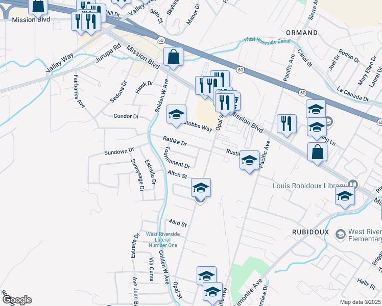 map of restaurants, bars, coffee shops, grocery stores, and more near 6343 Tournament Drive in Riverside