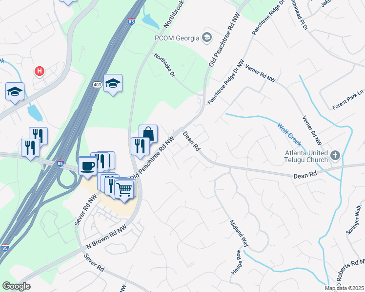 map of restaurants, bars, coffee shops, grocery stores, and more near 1343 Penhurst Drive in Lawrenceville