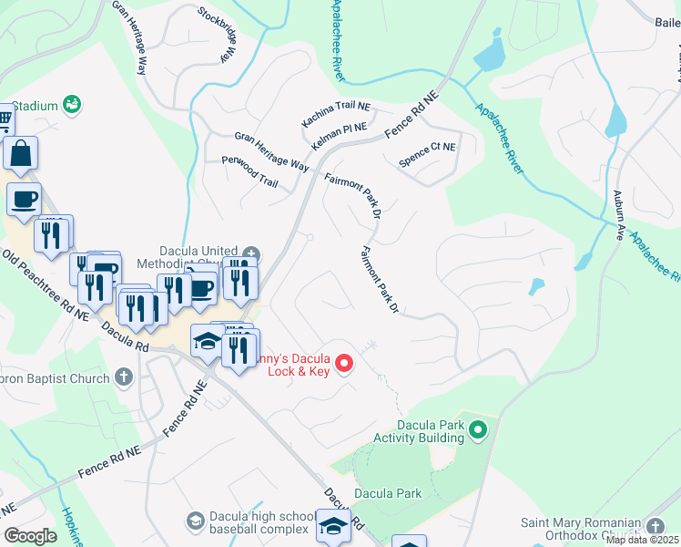 map of restaurants, bars, coffee shops, grocery stores, and more near 247 Oaklawn Park in Dacula