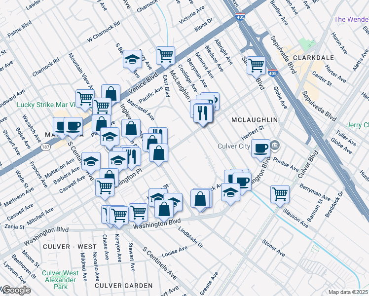 map of restaurants, bars, coffee shops, grocery stores, and more near 11852 Washington Place in Los Angeles