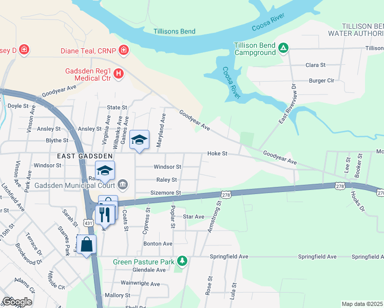 map of restaurants, bars, coffee shops, grocery stores, and more near 1221 Hoke Street in Gadsden