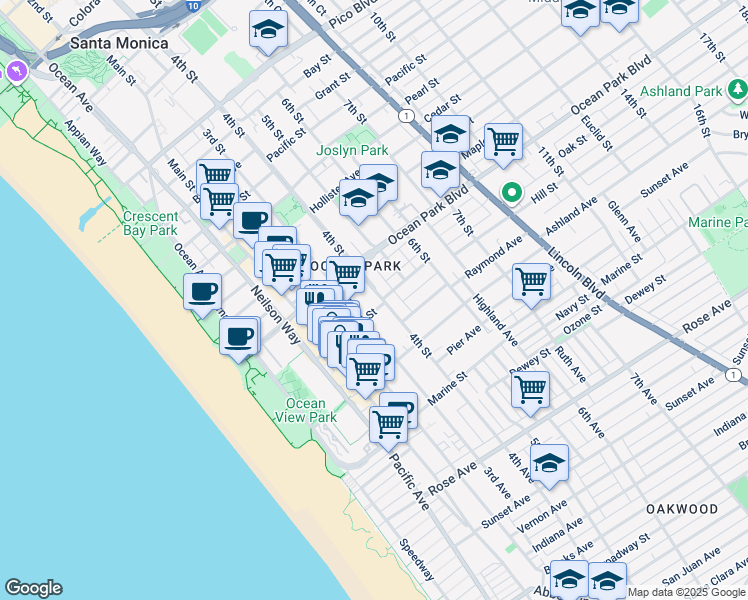 map of restaurants, bars, coffee shops, grocery stores, and more near 2704 Hill Street in Santa Monica