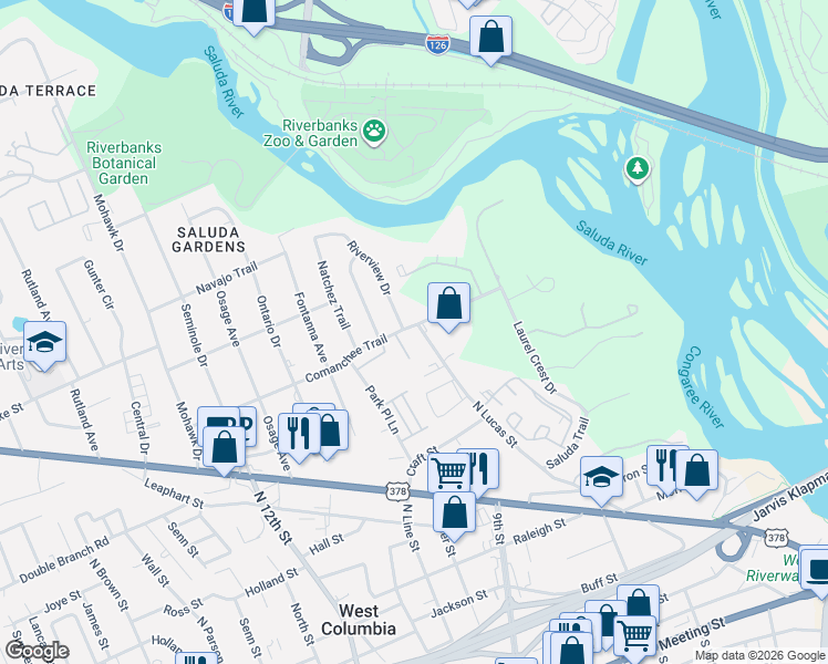 map of restaurants, bars, coffee shops, grocery stores, and more near 111 Ashley Court in West Columbia
