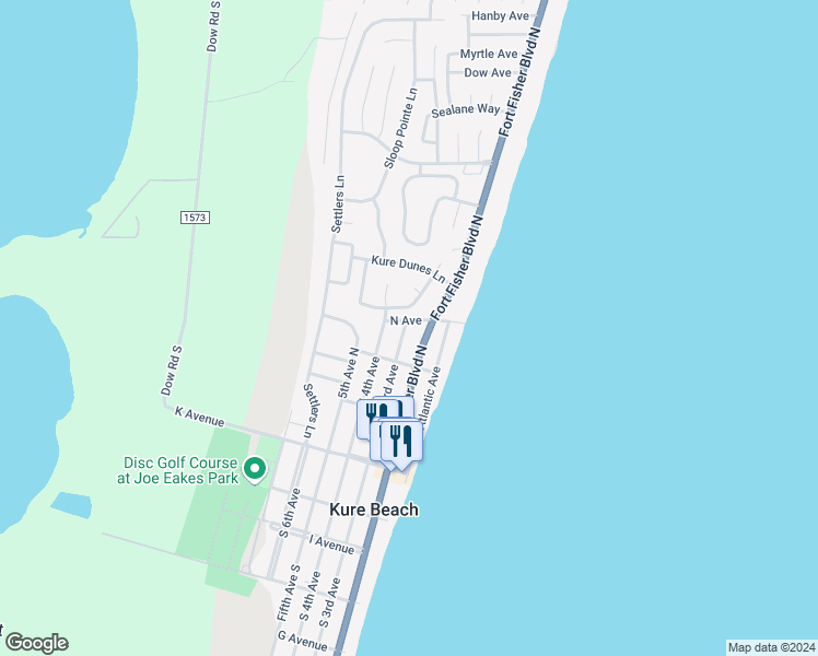 map of restaurants, bars, coffee shops, grocery stores, and more near 334 North 3rd Avenue in Kure Beach