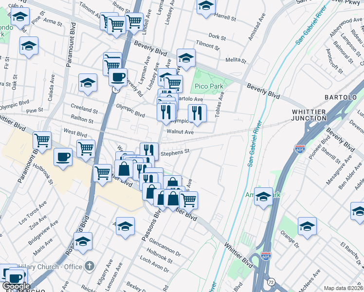 map of restaurants, bars, coffee shops, grocery stores, and more near 9365 Via Azul in Pico Rivera