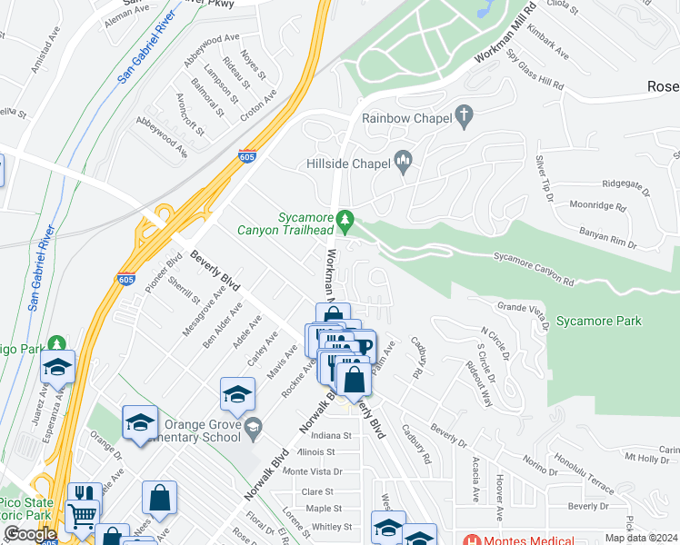 map of restaurants, bars, coffee shops, grocery stores, and more near 5118 Cantabrian Court in Whittier
