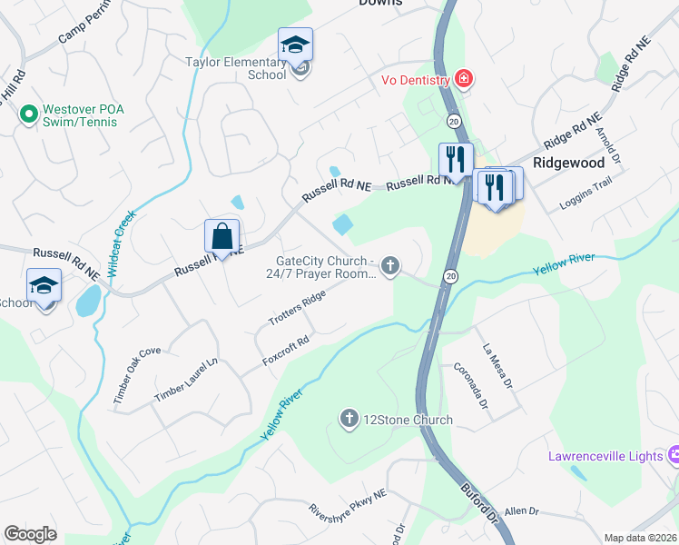 map of restaurants, bars, coffee shops, grocery stores, and more near 443 Trotters Ridge in Lawrenceville
