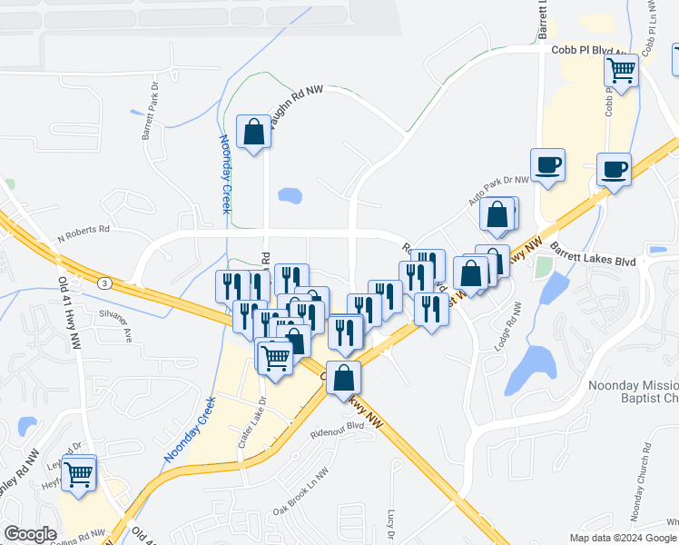 map of restaurants, bars, coffee shops, grocery stores, and more near 1210 Gates Mill Drive in Kennesaw