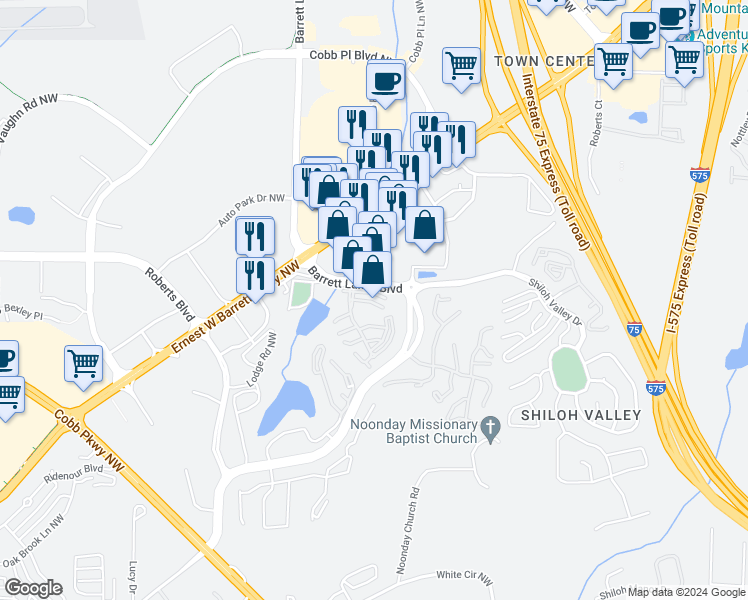 map of restaurants, bars, coffee shops, grocery stores, and more near 2015 Barrett Lakes Boulevard in Kennesaw