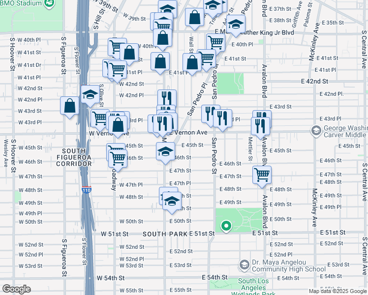 map of restaurants, bars, coffee shops, grocery stores, and more near 178 East 45th Street in Los Angeles