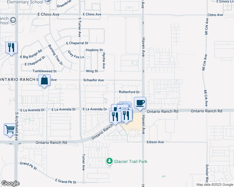 map of restaurants, bars, coffee shops, grocery stores, and more near 3314 Rutherford Drive in Ontario