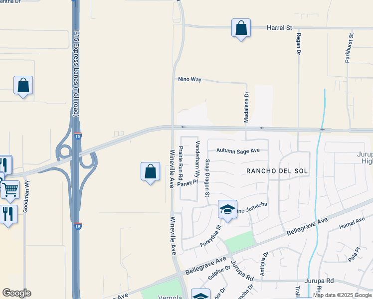 map of restaurants, bars, coffee shops, grocery stores, and more near 4659 Prairie Run Road in Jurupa Valley