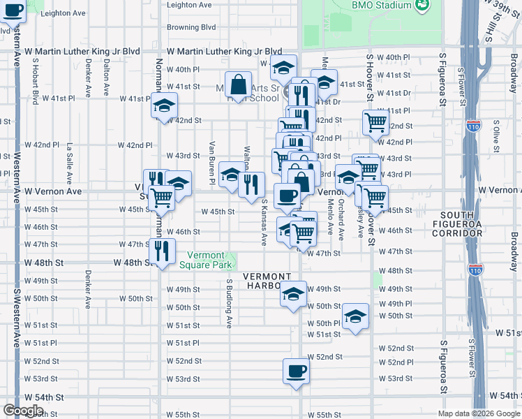 map of restaurants, bars, coffee shops, grocery stores, and more near 1116 West Vernon Avenue in Los Angeles