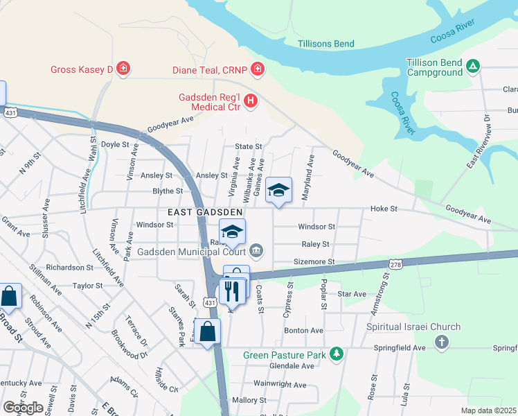 map of restaurants, bars, coffee shops, grocery stores, and more near 1109 Hoke Street in Gadsden