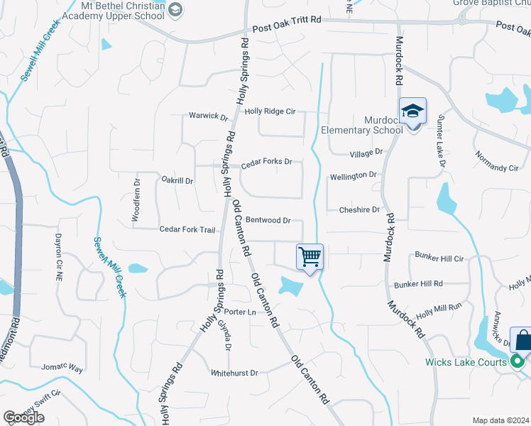 map of restaurants, bars, coffee shops, grocery stores, and more near 2741 Bentwood Drive in Marietta