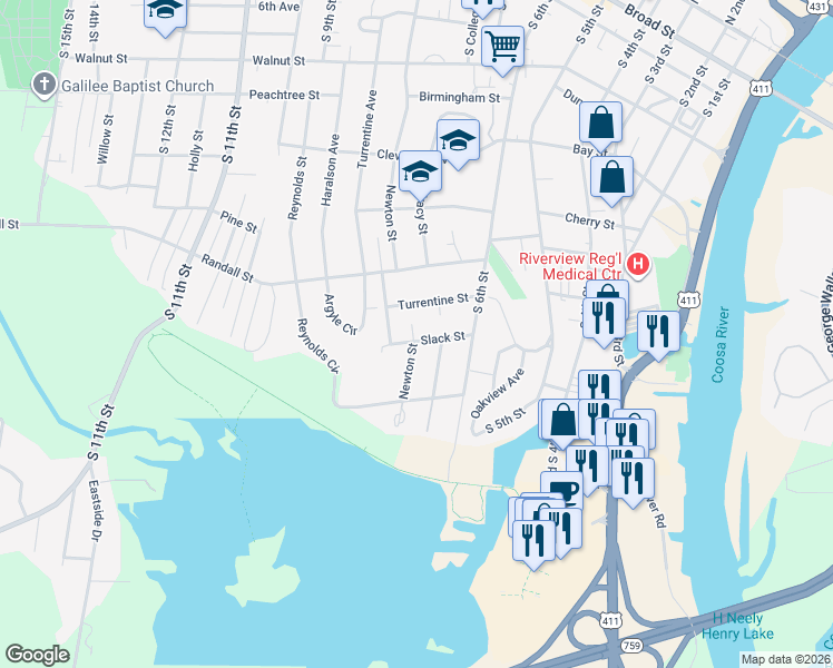 map of restaurants, bars, coffee shops, grocery stores, and more near 711 Slack Street in Gadsden