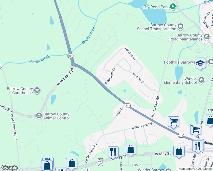 map of restaurants, bars, coffee shops, grocery stores, and more near 113 Bellingrath Drive in Winder