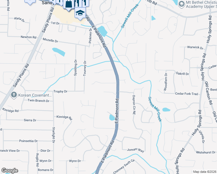 map of restaurants, bars, coffee shops, grocery stores, and more near 2196 Plymouth Lane in Marietta