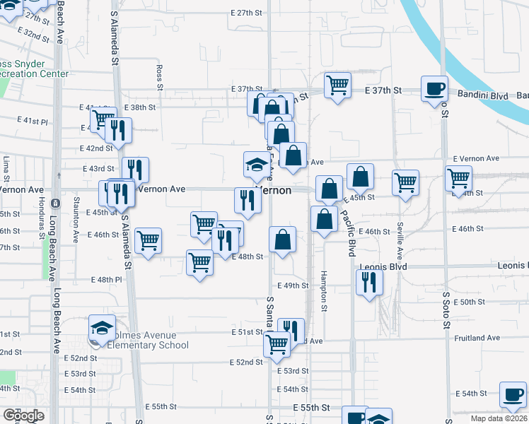 map of restaurants, bars, coffee shops, grocery stores, and more near 4435 South Santa Fe Avenue in Vernon