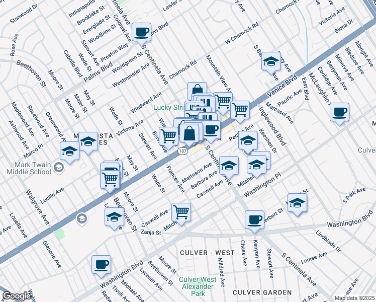 map of restaurants, bars, coffee shops, grocery stores, and more near 12444 Venice Boulevard in Los Angeles