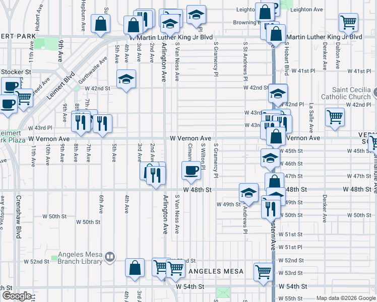 map of restaurants, bars, coffee shops, grocery stores, and more near 1966 West Vernon Avenue in Los Angeles