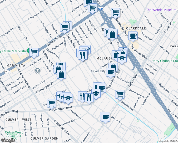 map of restaurants, bars, coffee shops, grocery stores, and more near 4038 McLaughlin Avenue in Los Angeles