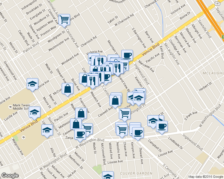 map of restaurants, bars, coffee shops, grocery stores, and more near 12317 Pacific Avenue in Los Angeles